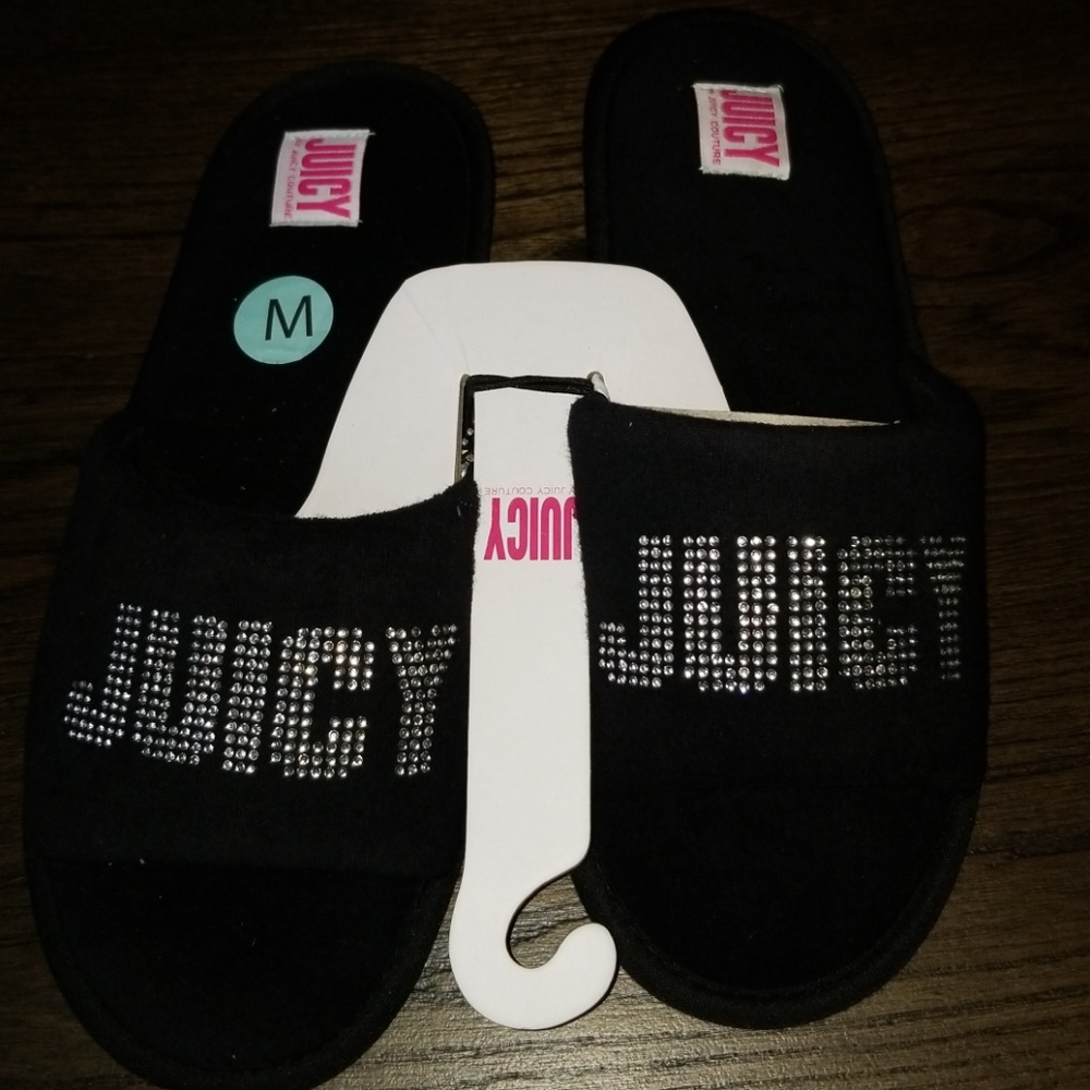 New Juicy Couture Black Velvet Bling Spellout Slippers Medium 7/8